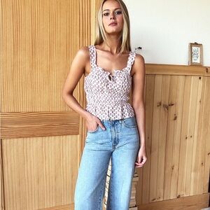 Emerson Fry White Pink Floral Smocked Tank Top